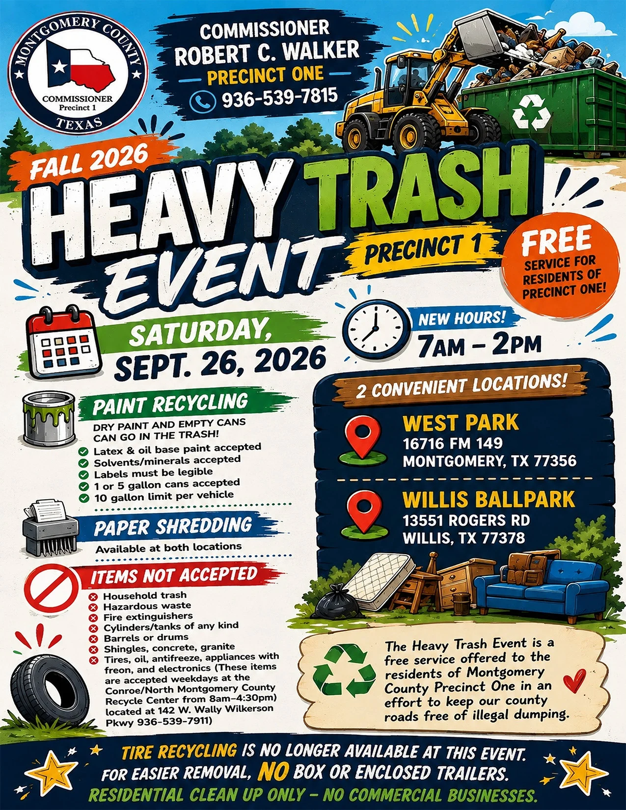 Montgomery County Precinct 1 will host its Fall 2026 Heavy Trash Event on Saturday, September 26, from 7 a.m. to 2 p.m.